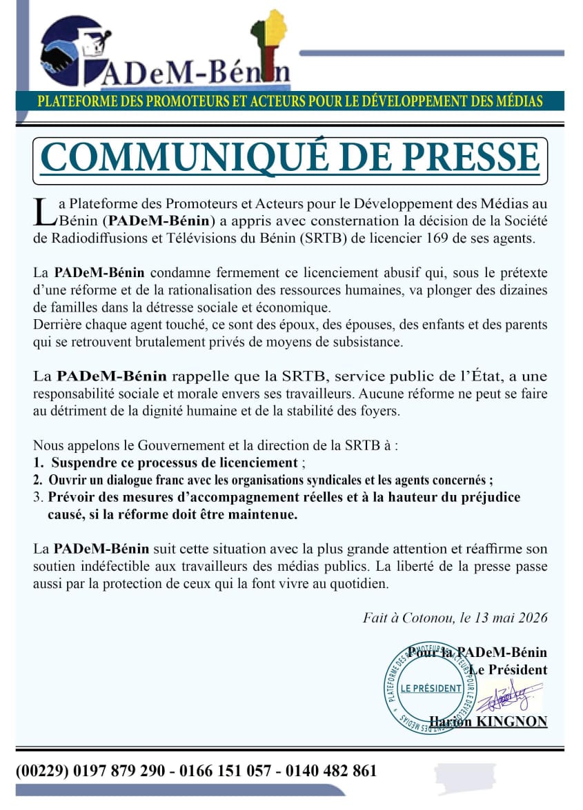 Décision de licenciement des 109 agents de la SRTB : La PADeM-Bénin s'indigne et fait des propositions